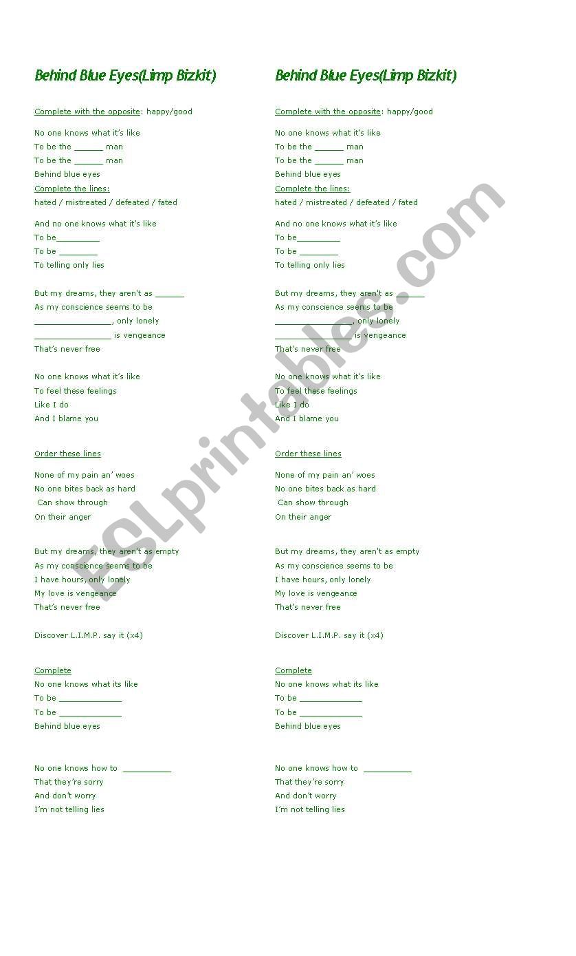 behind blue eyes worksheet
