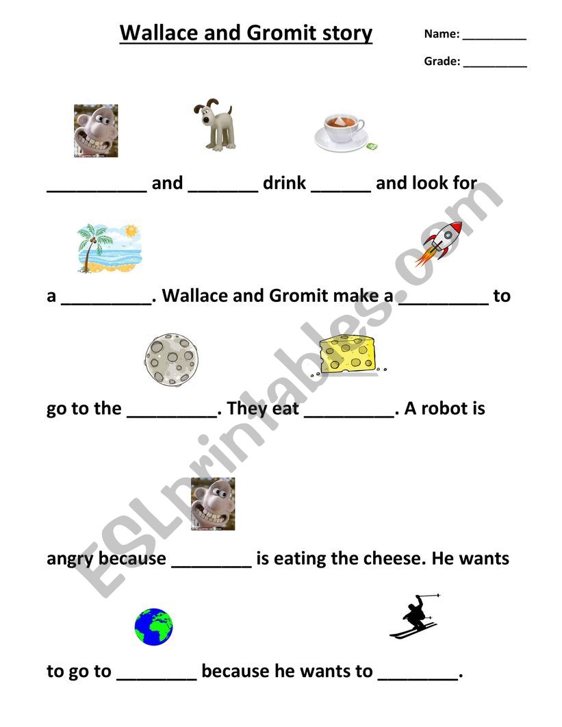 Wallace and Gromit A grand day out story blank filling activity
