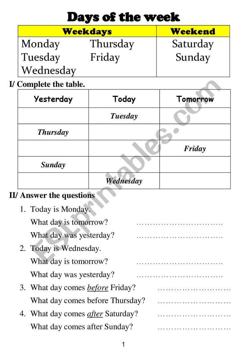 Days of the week worksheet