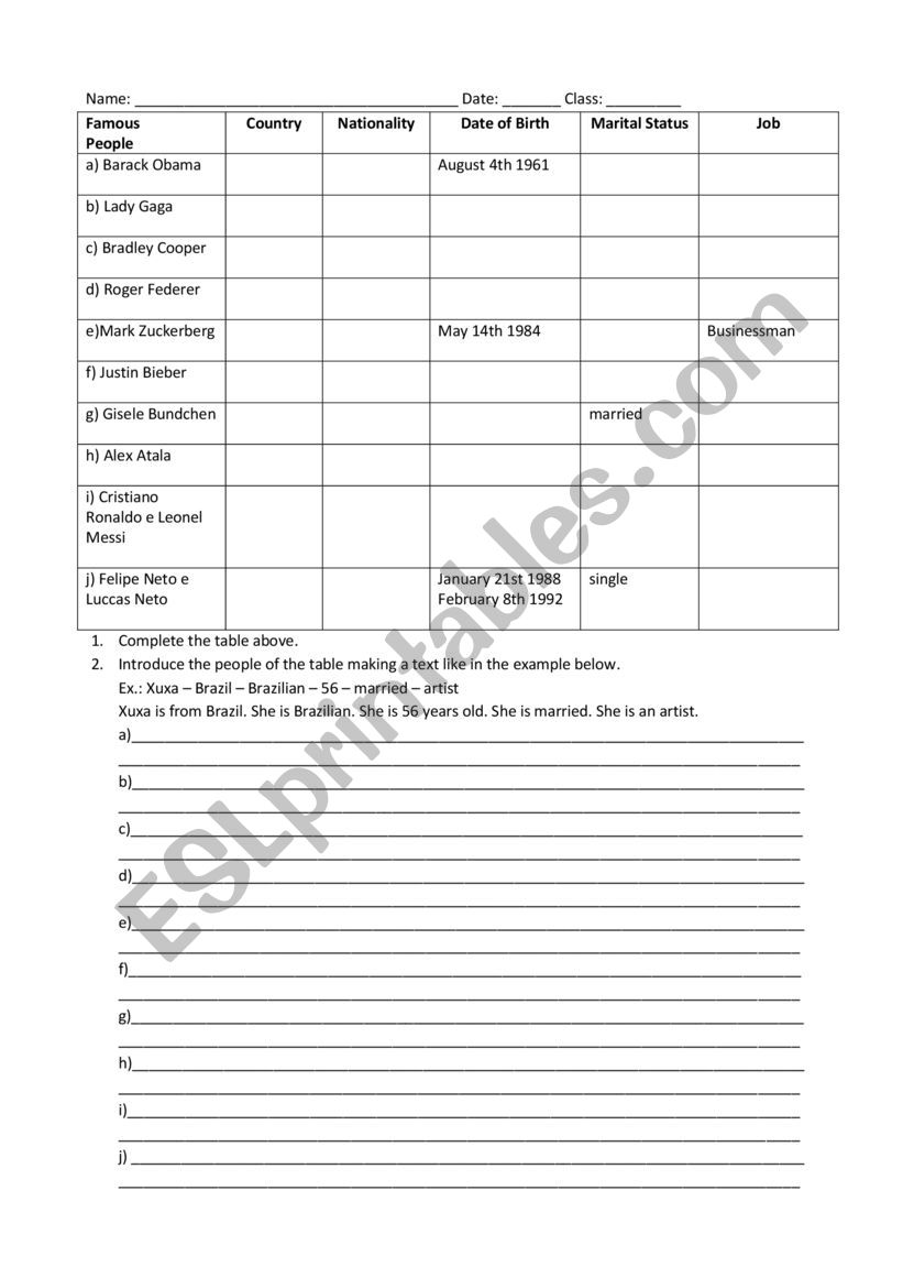 Famous people personal data worksheet