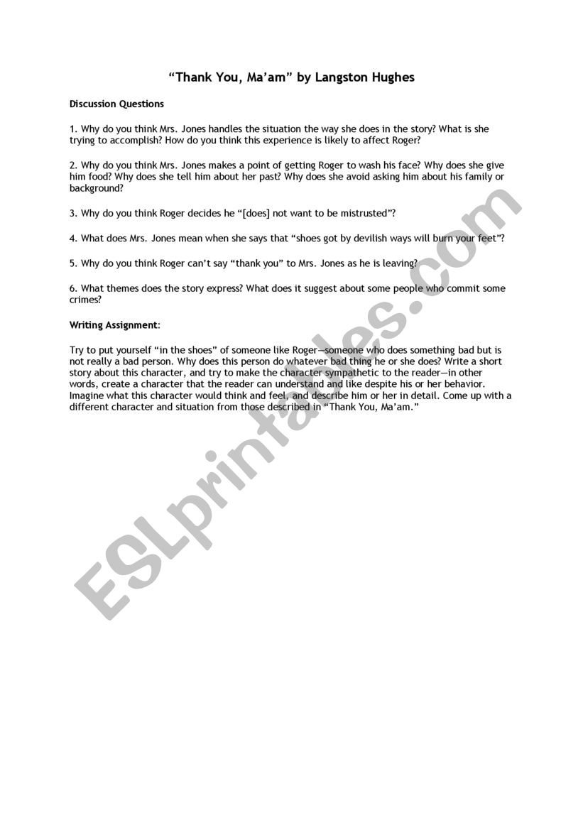 Thank you Ma´am Short Story Discussion Questions ESL worksheet by