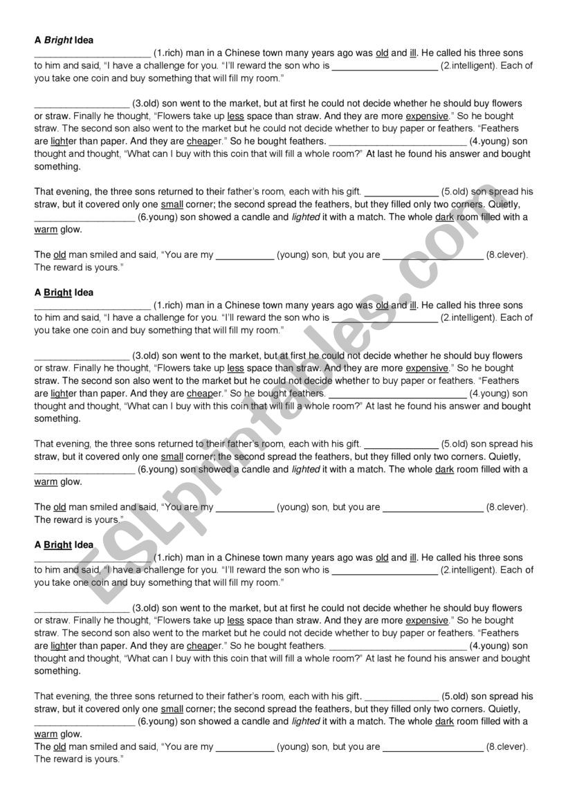 Adjectives in the text worksheet