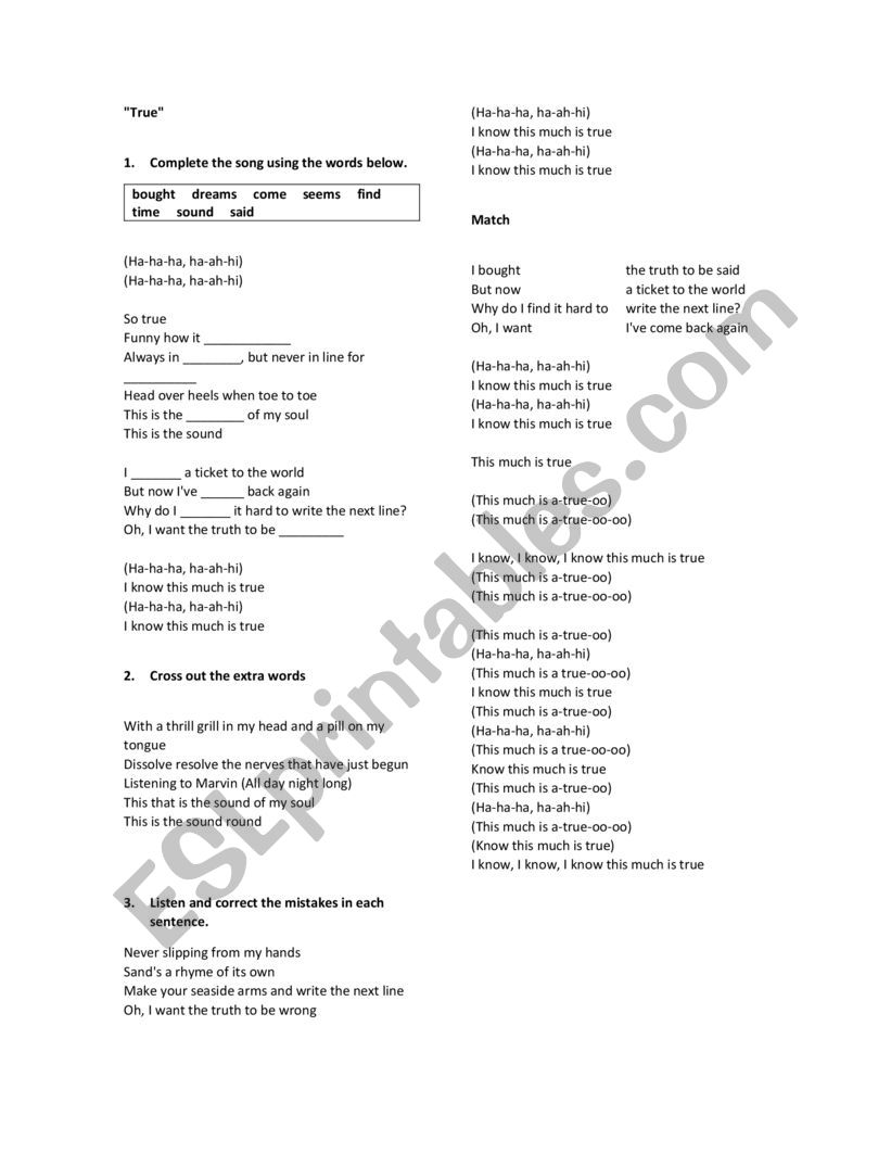 Spandau Ballet - True worksheet