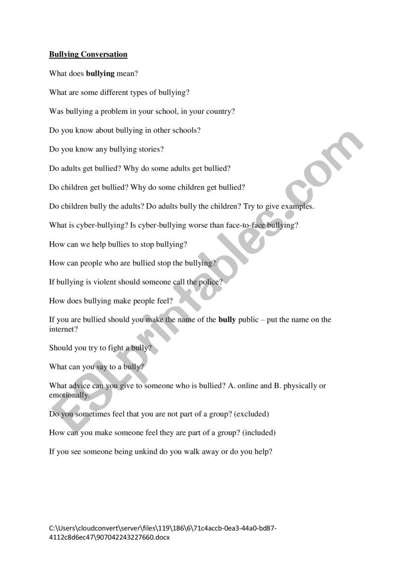 Bullying worksheet