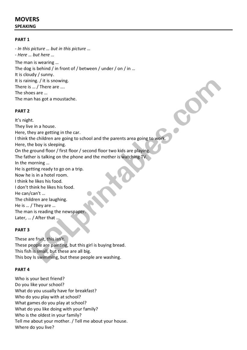 MOVERS Speaking worksheet