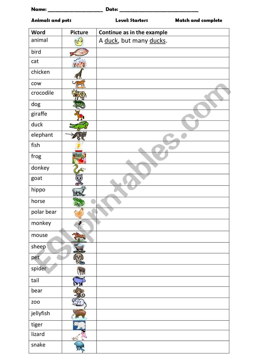 Animals Starters List (Cambridge English)