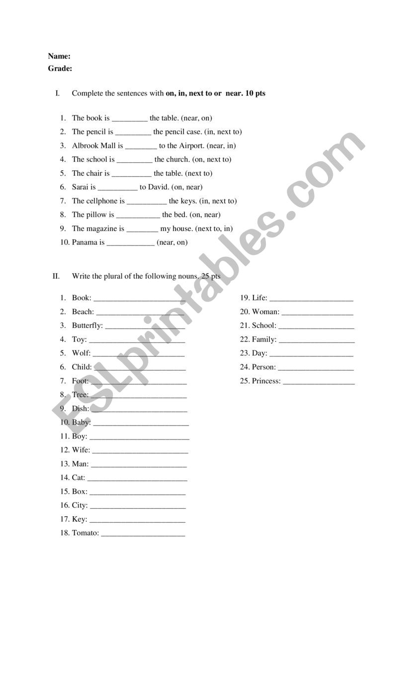 plural Nouns and prepositions of place