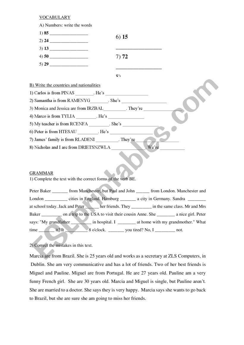 numbers, countries, to be worksheet