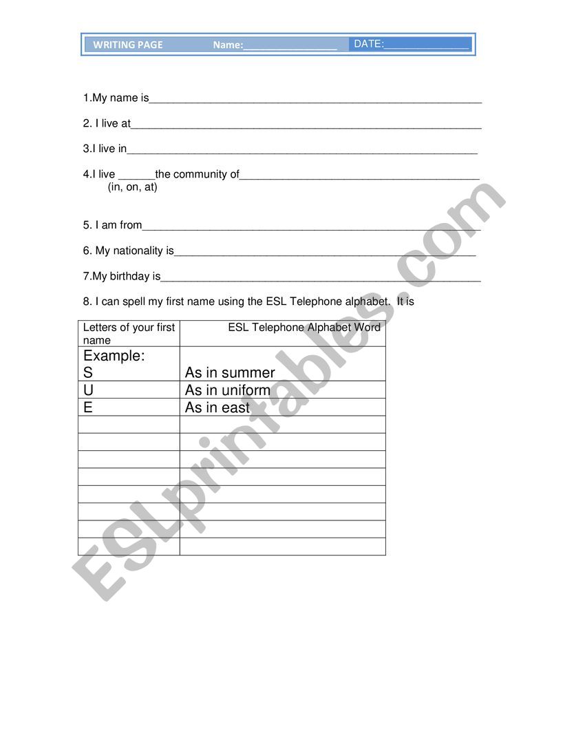 Beginner Guided Writing Worksheet-Personal Information