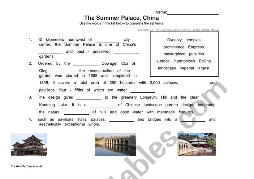 The Summer Palace, China worksheet