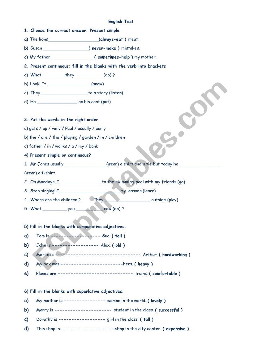English Review Test ESL Worksheet By Gemagongut