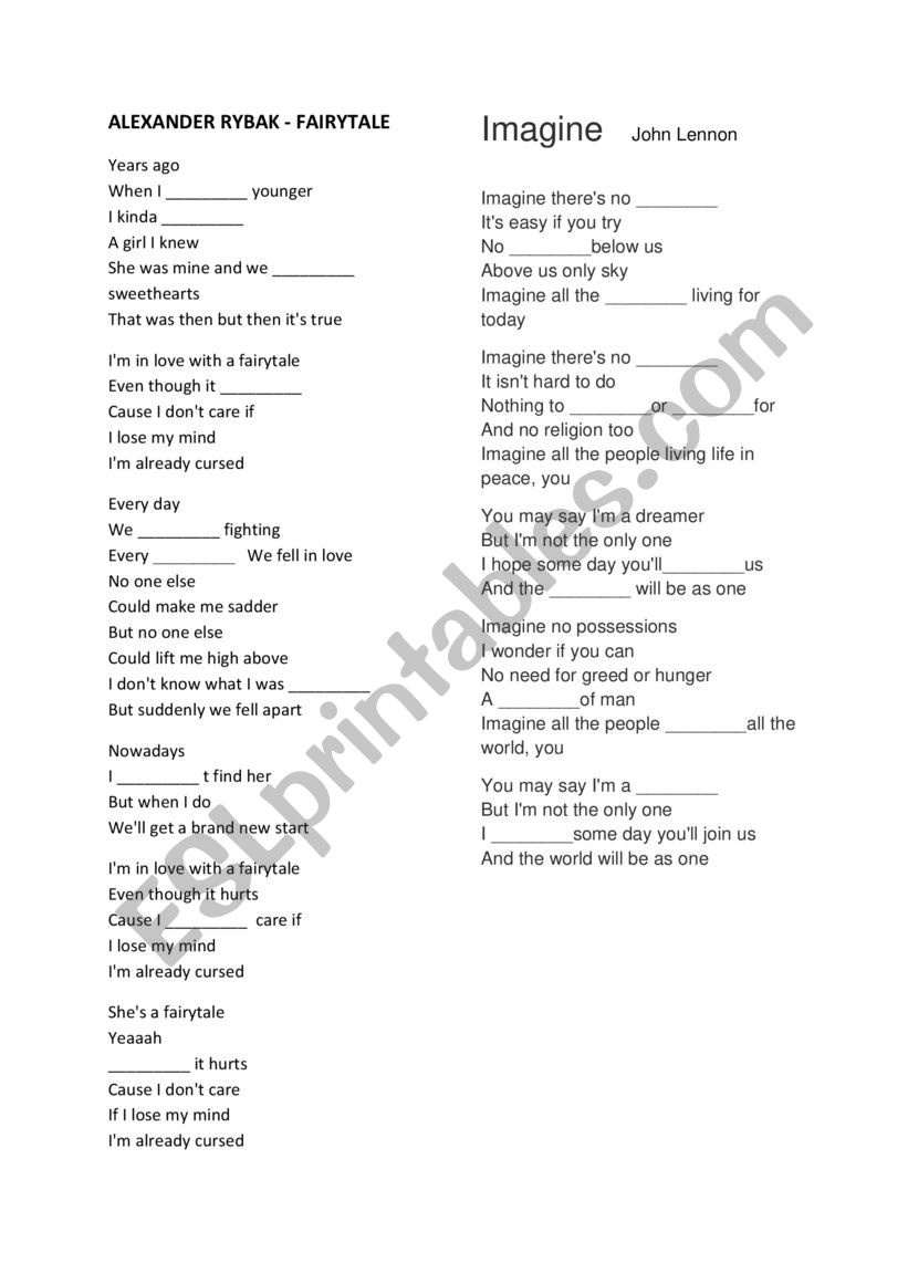 fairytale eurovision lyrics worksheet