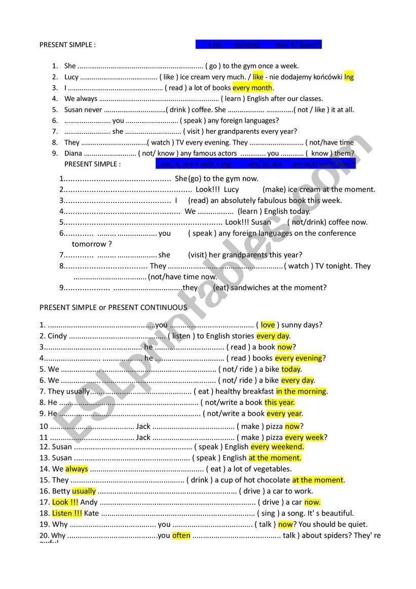 PRESENT SIMPLE PRESENT CONTINOUS WORKSHEET