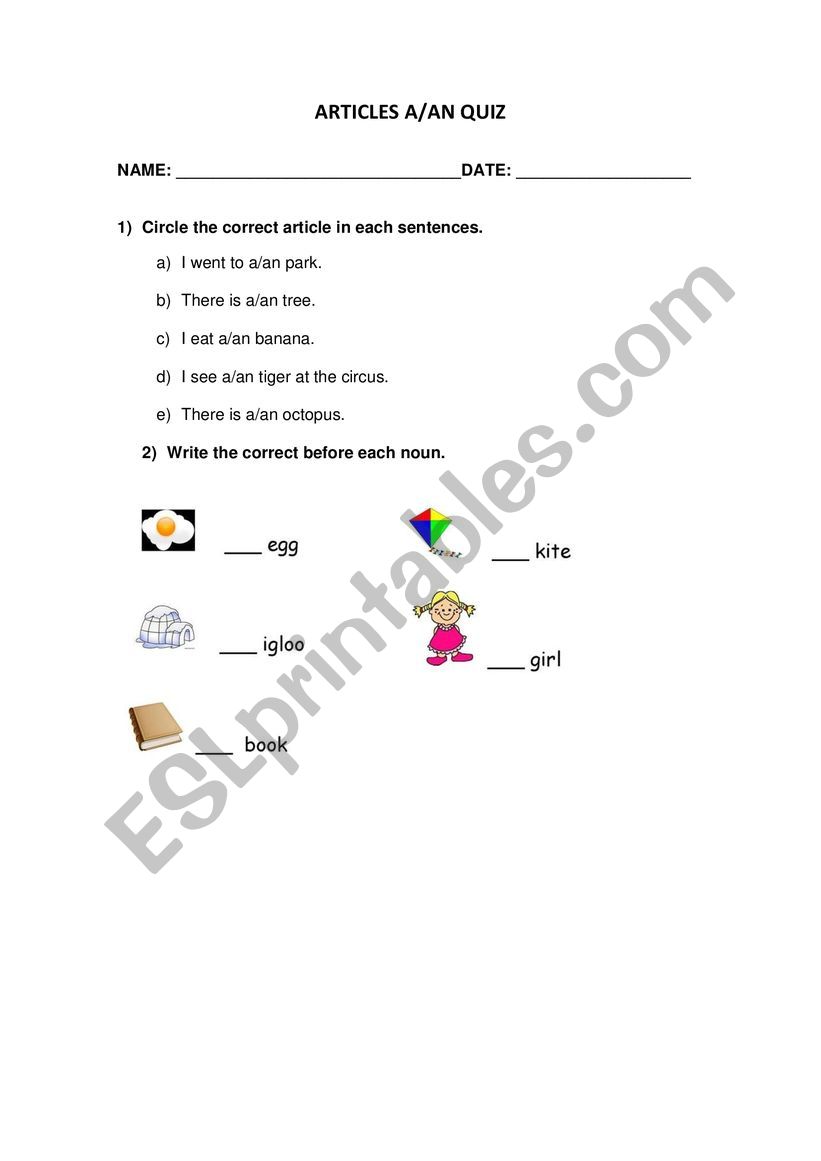 ARTICLES QUIZ worksheet