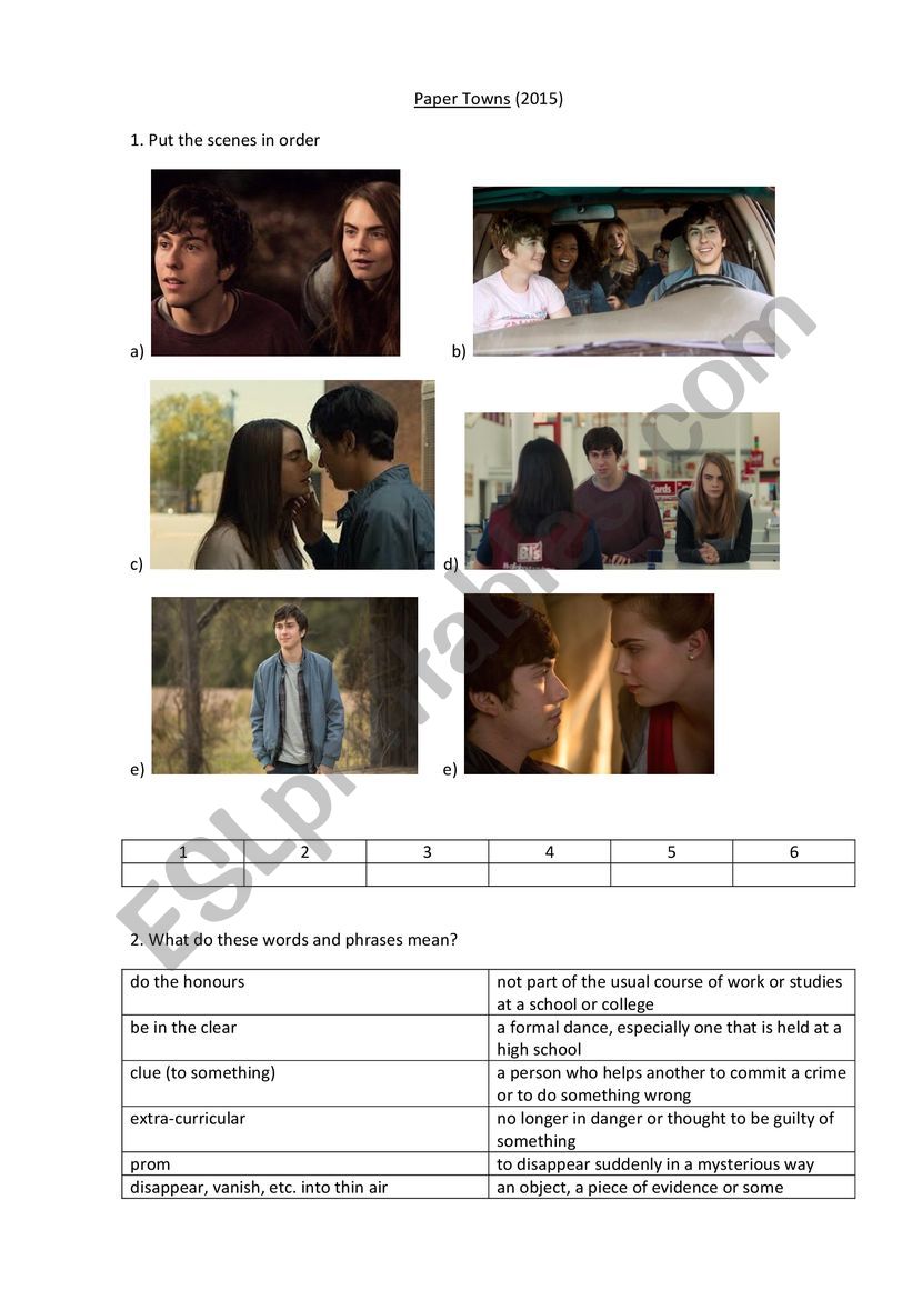 Paper Towns Movie Worksheet worksheet