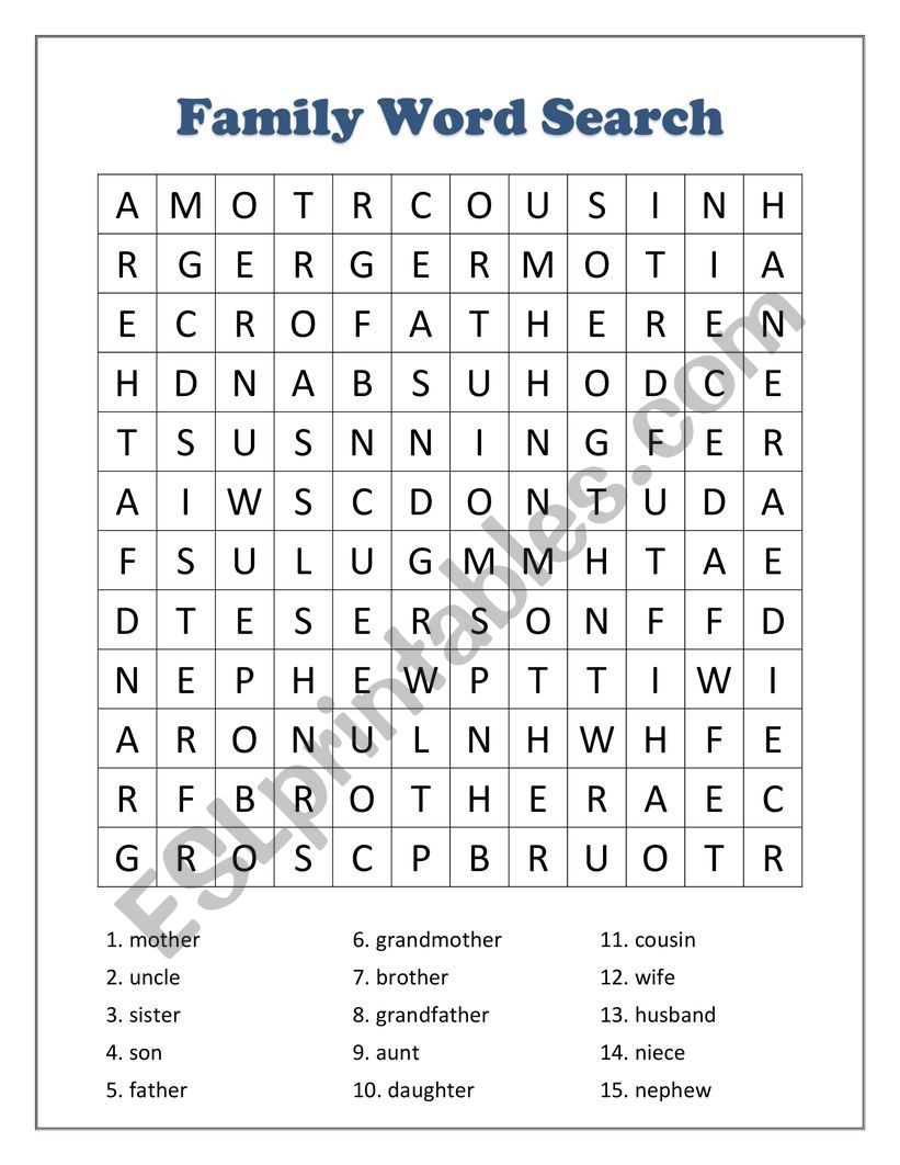 Word Search for family vocab worksheet