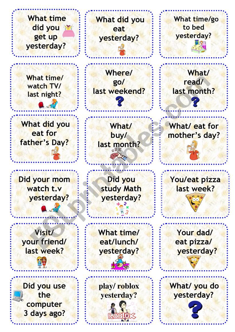 simple past speaking cards esl worksheet by rossman2