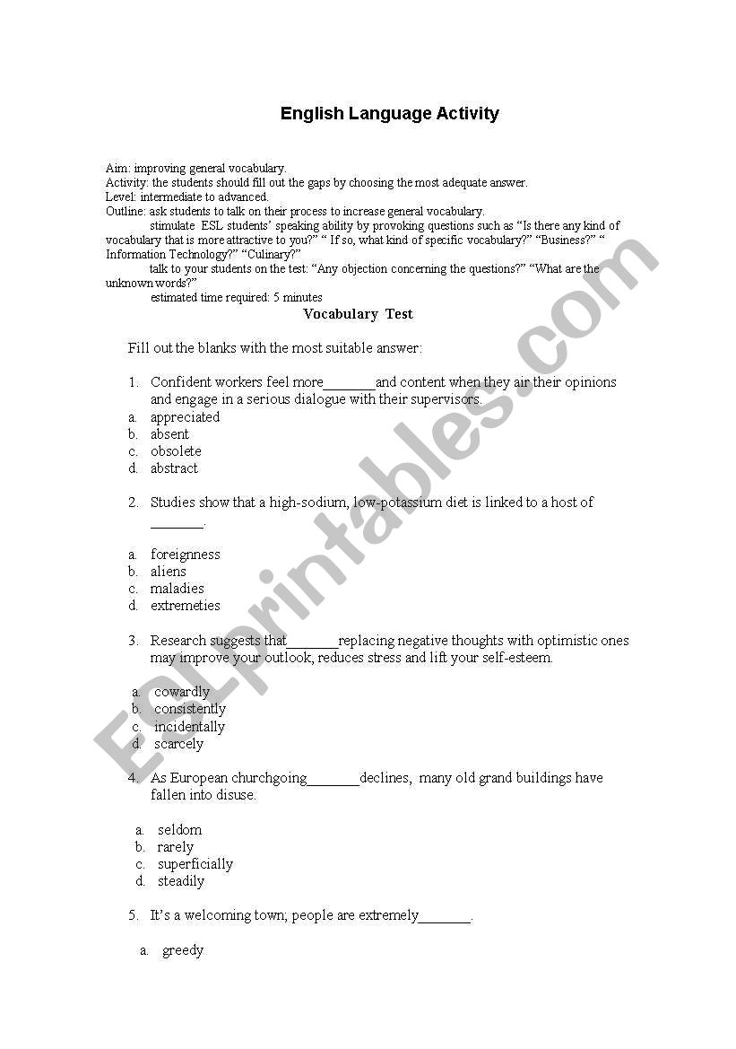 vocabulary test worksheet