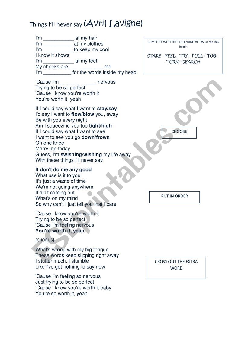 Song - Things Ill never say worksheet