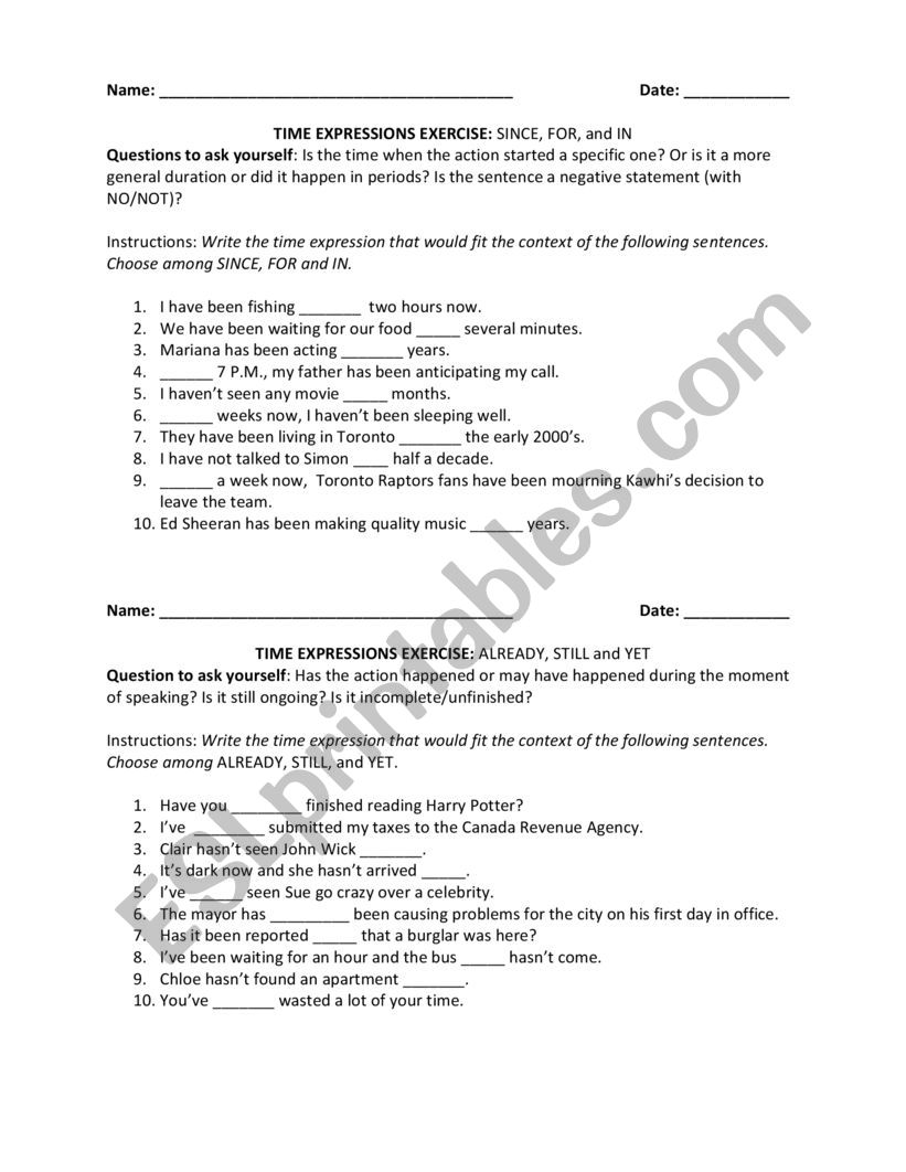 Time Expressions Exercises worksheet