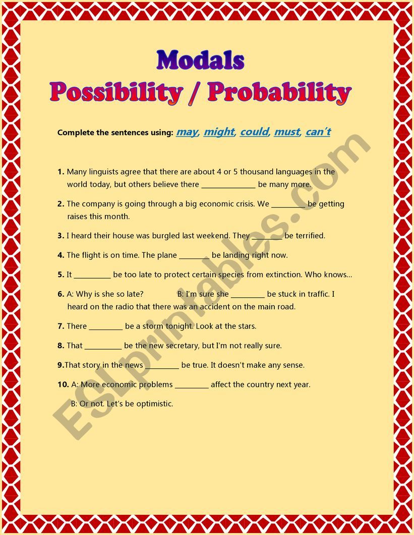 Modal Verbs Possibility Worksheets