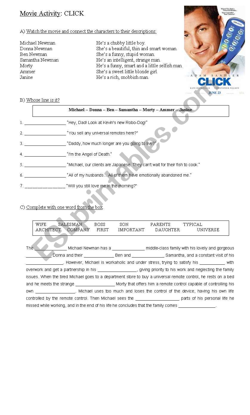 Movie Activity: Click (2006) worksheet