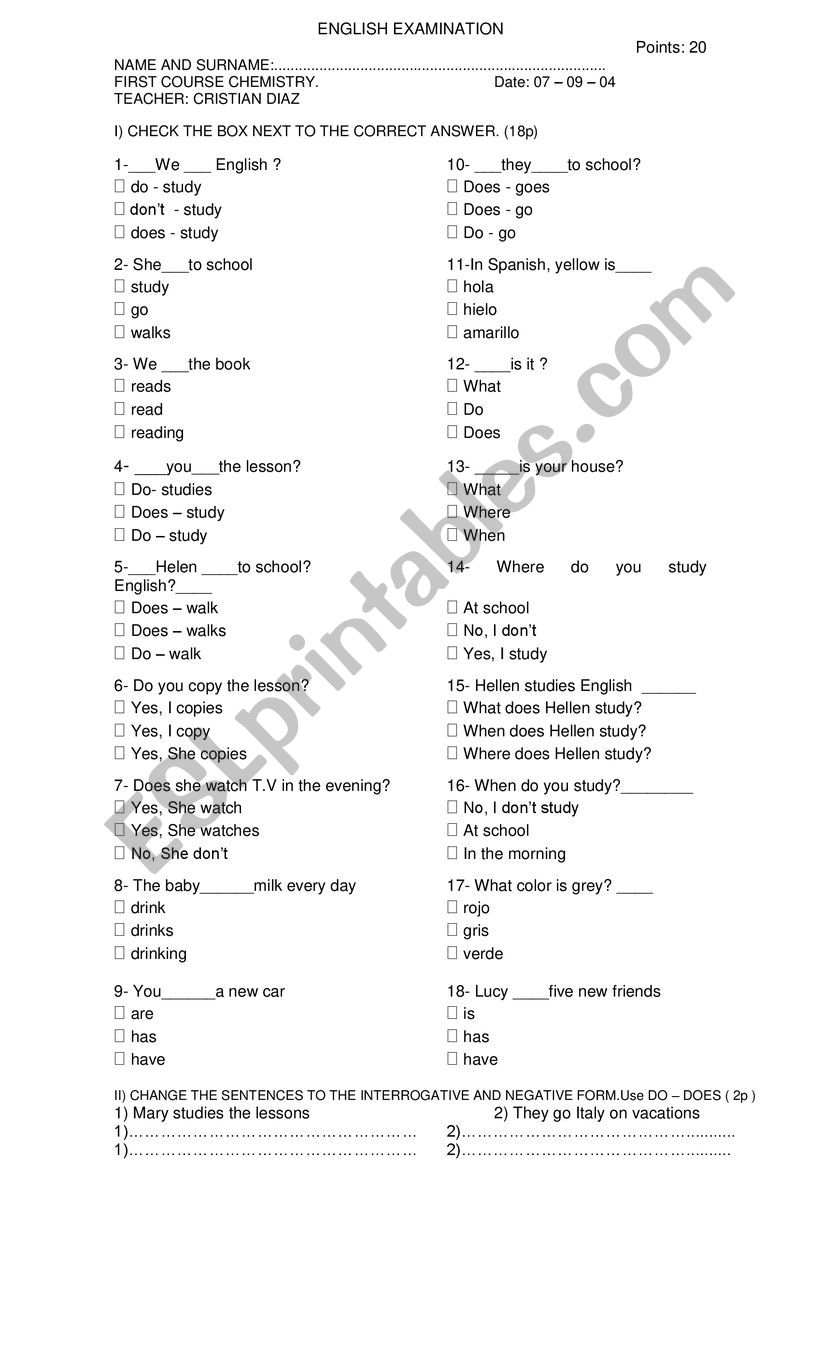 english exam worksheet
