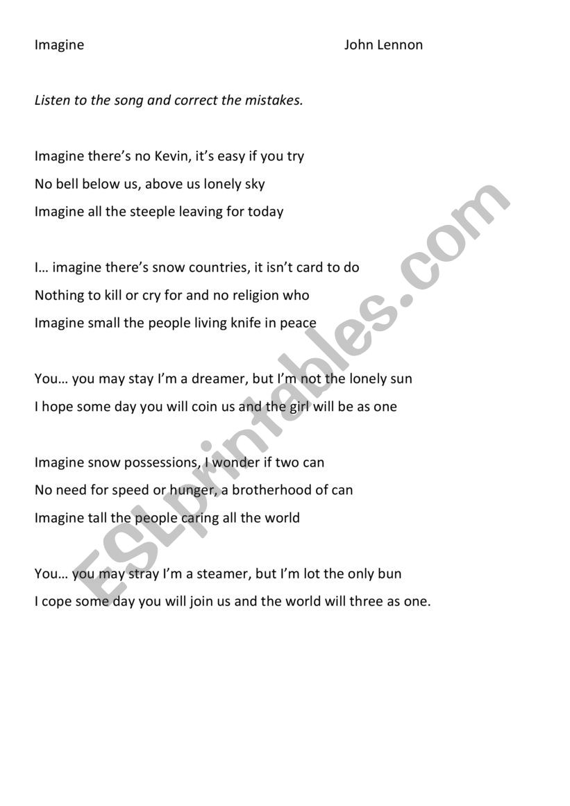 John Lennon Imagine: Lyrics with mistakes