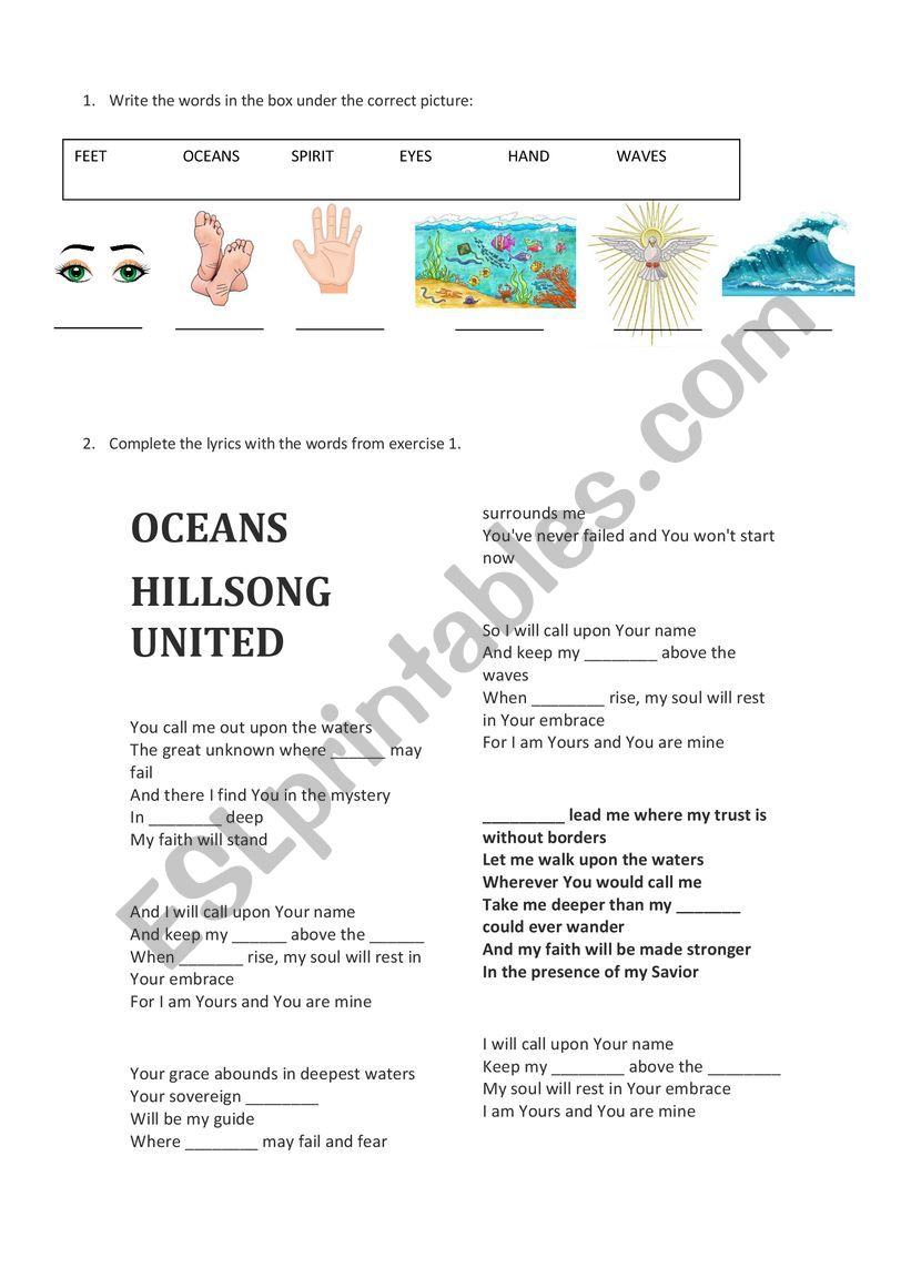 Oceans - Hillsong worksheet