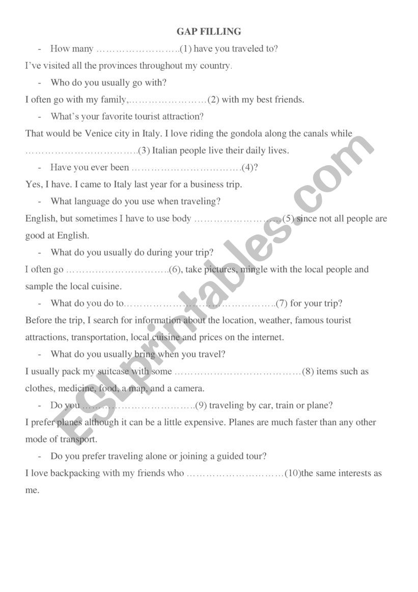 Exercises about Topic: Travel worksheet