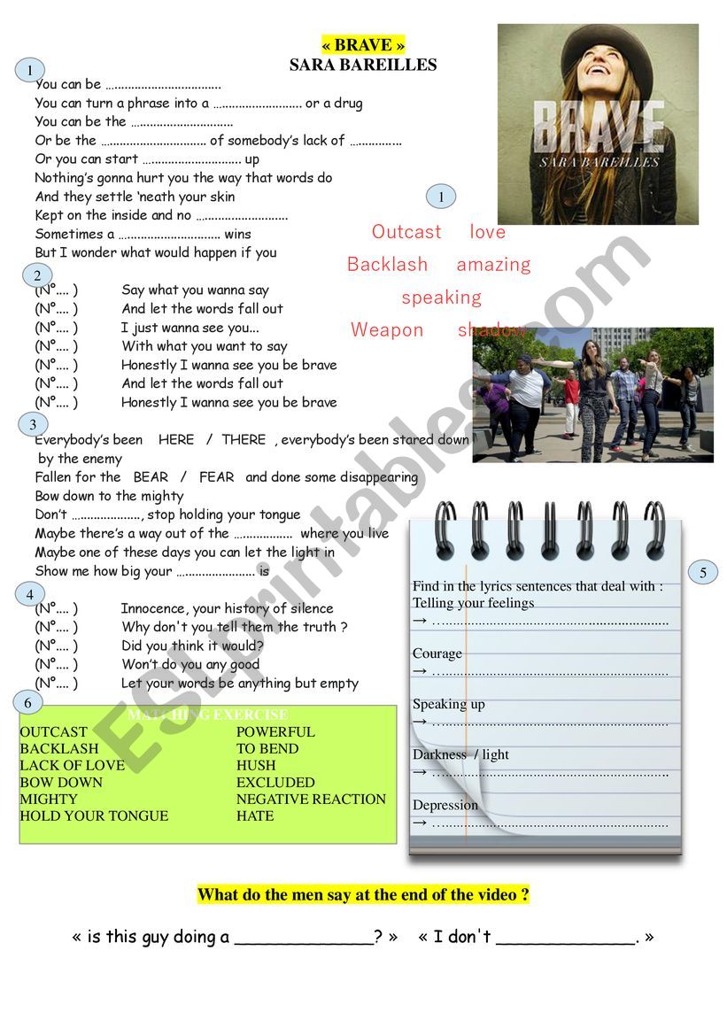 brave by Sara Bareilles worksheet