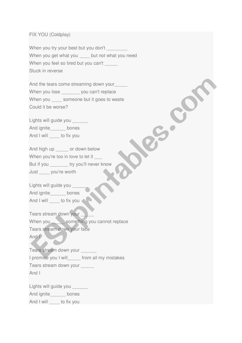 Fix You by Coldplay Gap-Fill worksheet