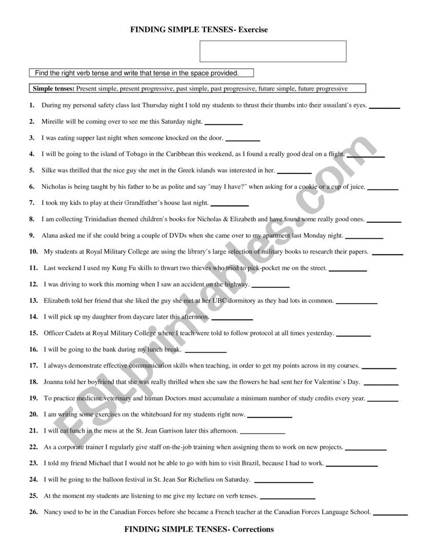 Finding Simple tenses worksheet