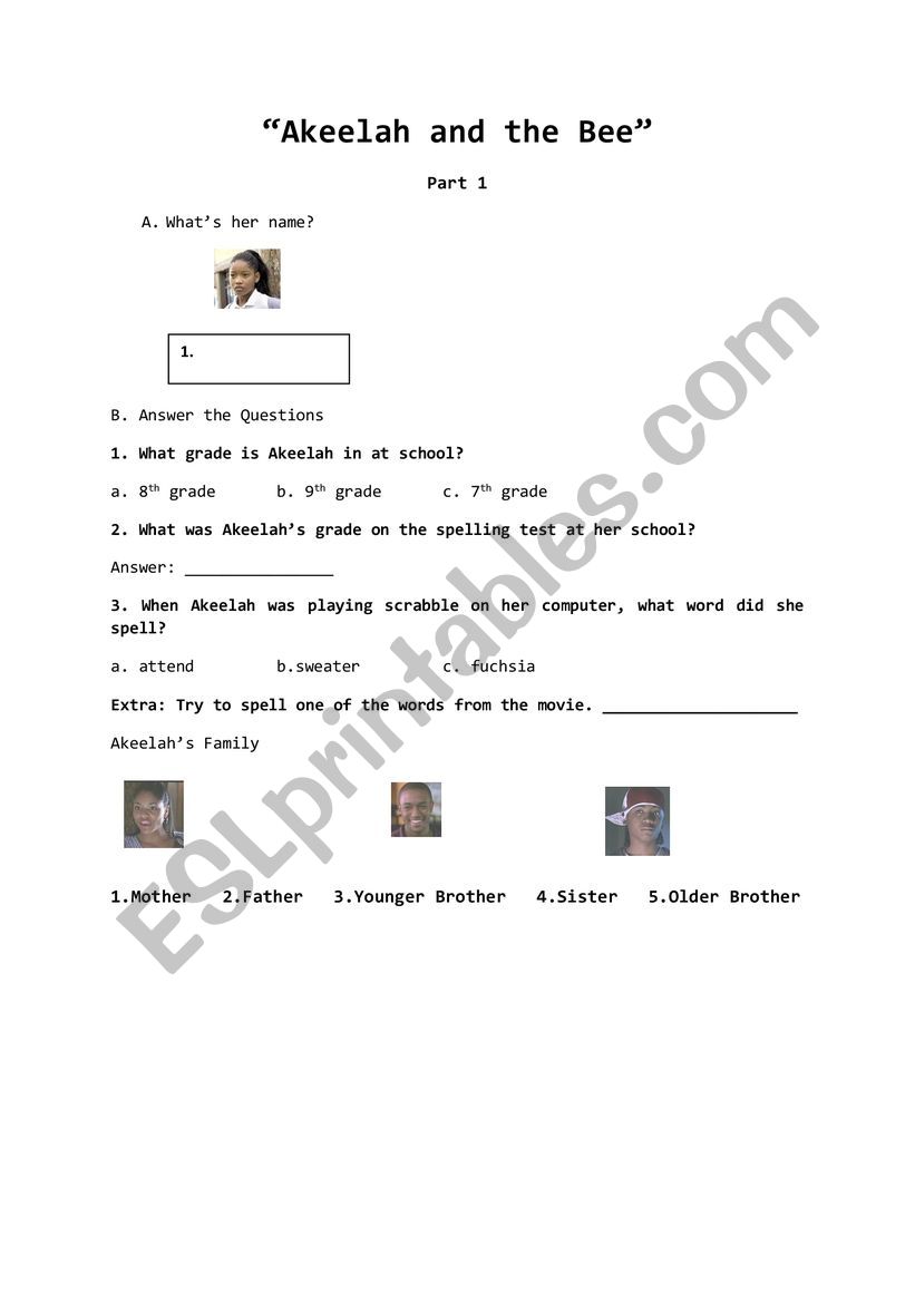 Akeelah and the Bee Worksheet P1 of P5