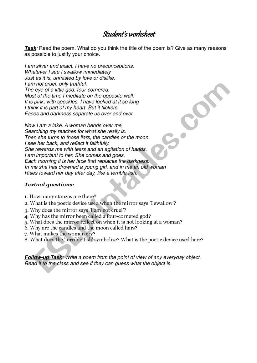 Mirror by Sylvia Plath worksheet