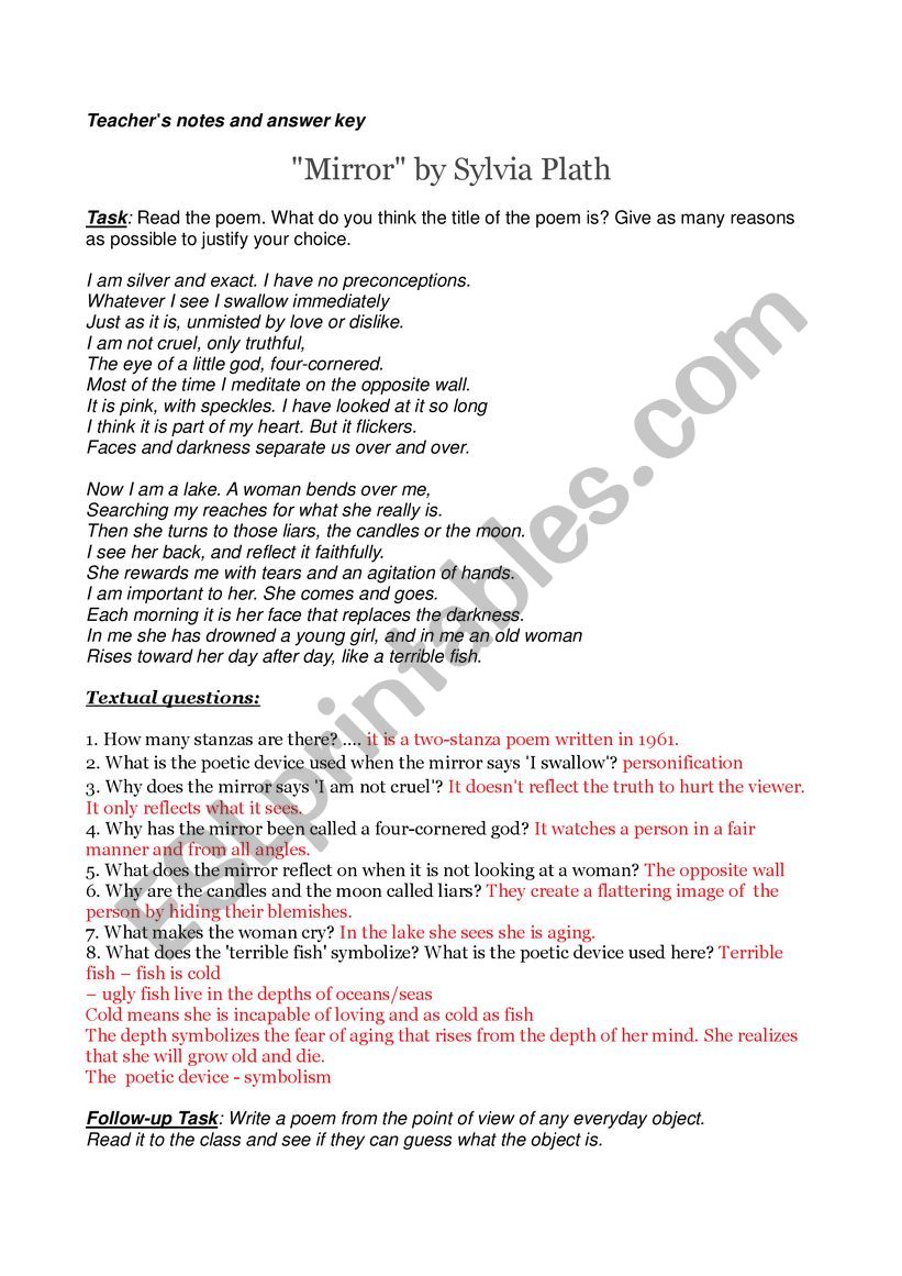poetic devices of mirror by sylvia plath