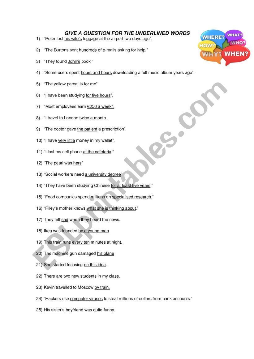 Question Words Activity: give a question for the following answers