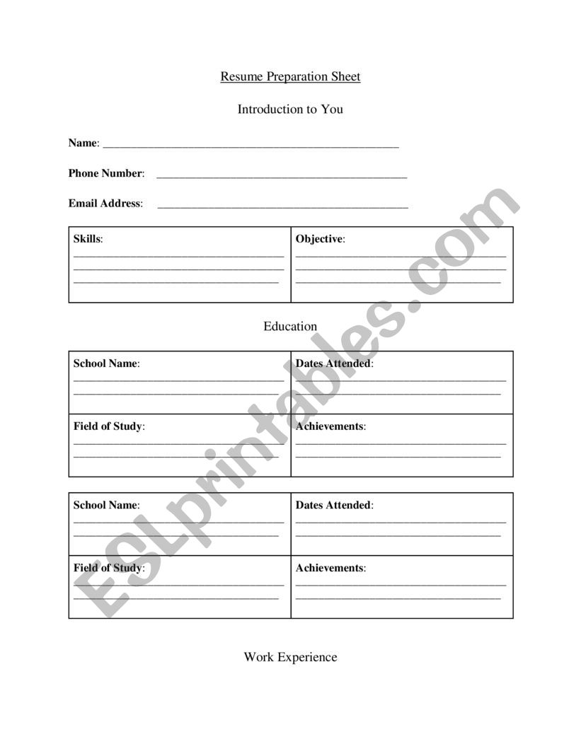 Resume Preparation Worksheet worksheet