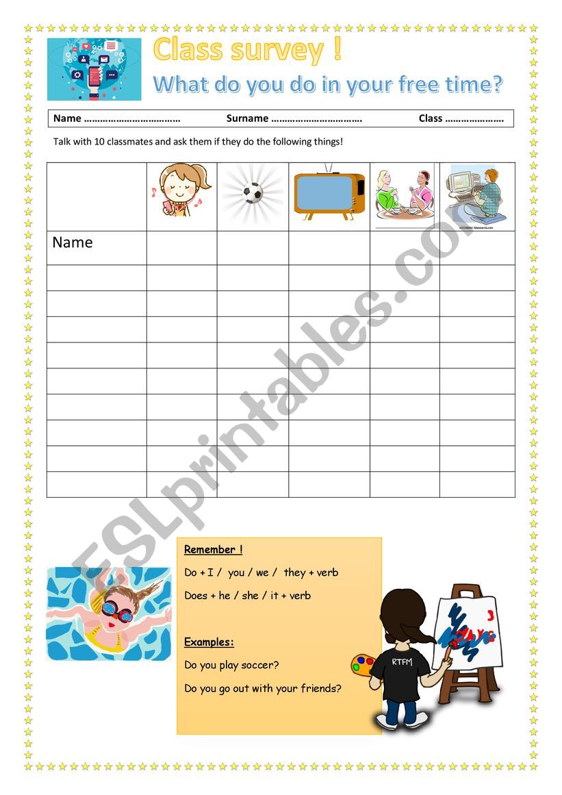 Free time classroom survey worksheet