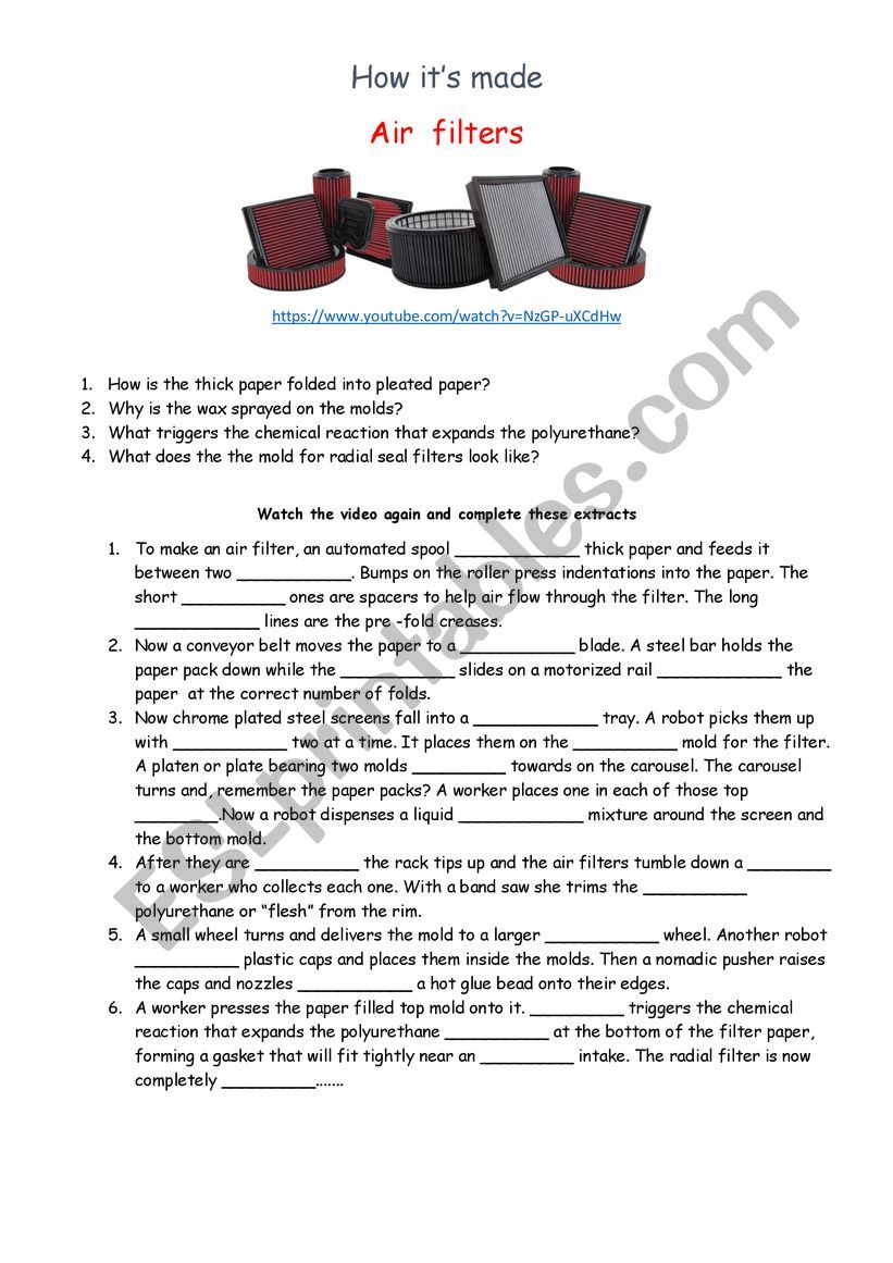 how its made AIR FILTERS worksheet