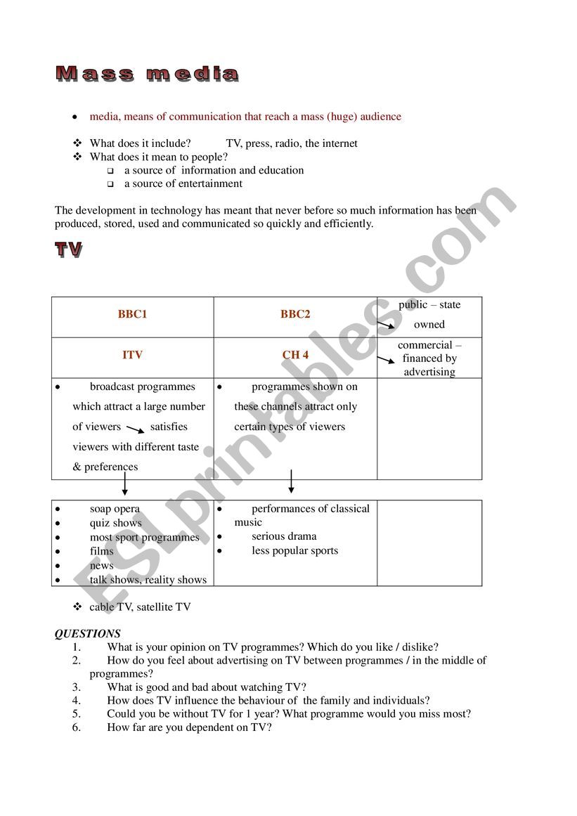 Mass media worksheet