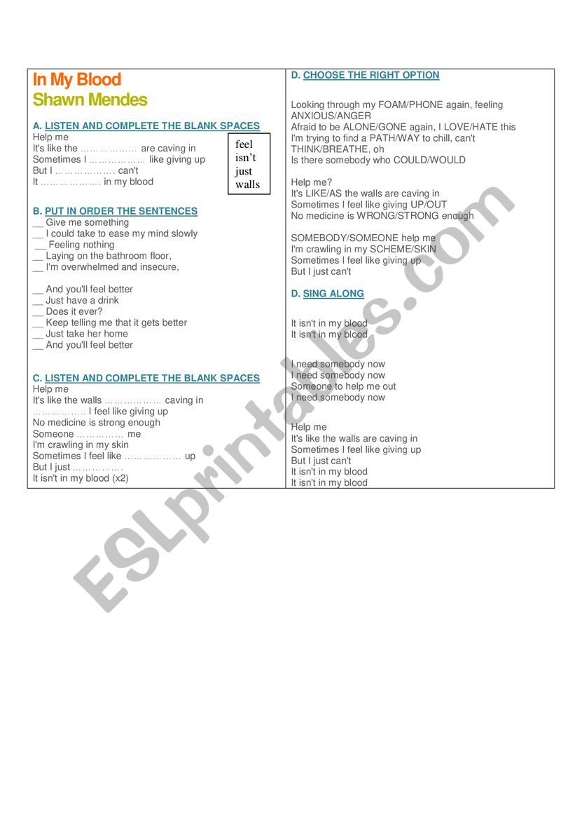 Song Esl Worksheet By Oneabiliv1