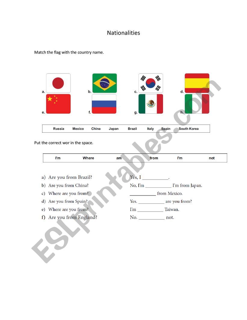 Nationalities worksheet