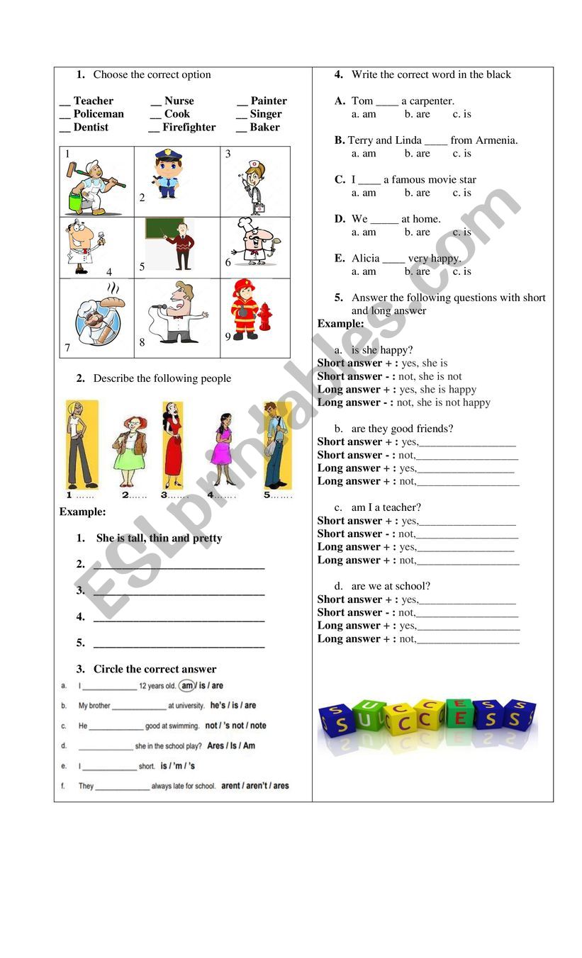 occupations and verb to be worksheet