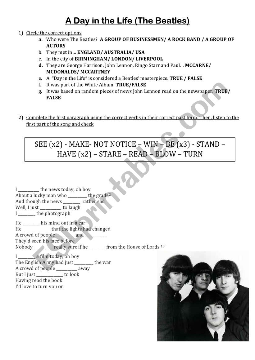 A day in the life-The Beatles worksheet