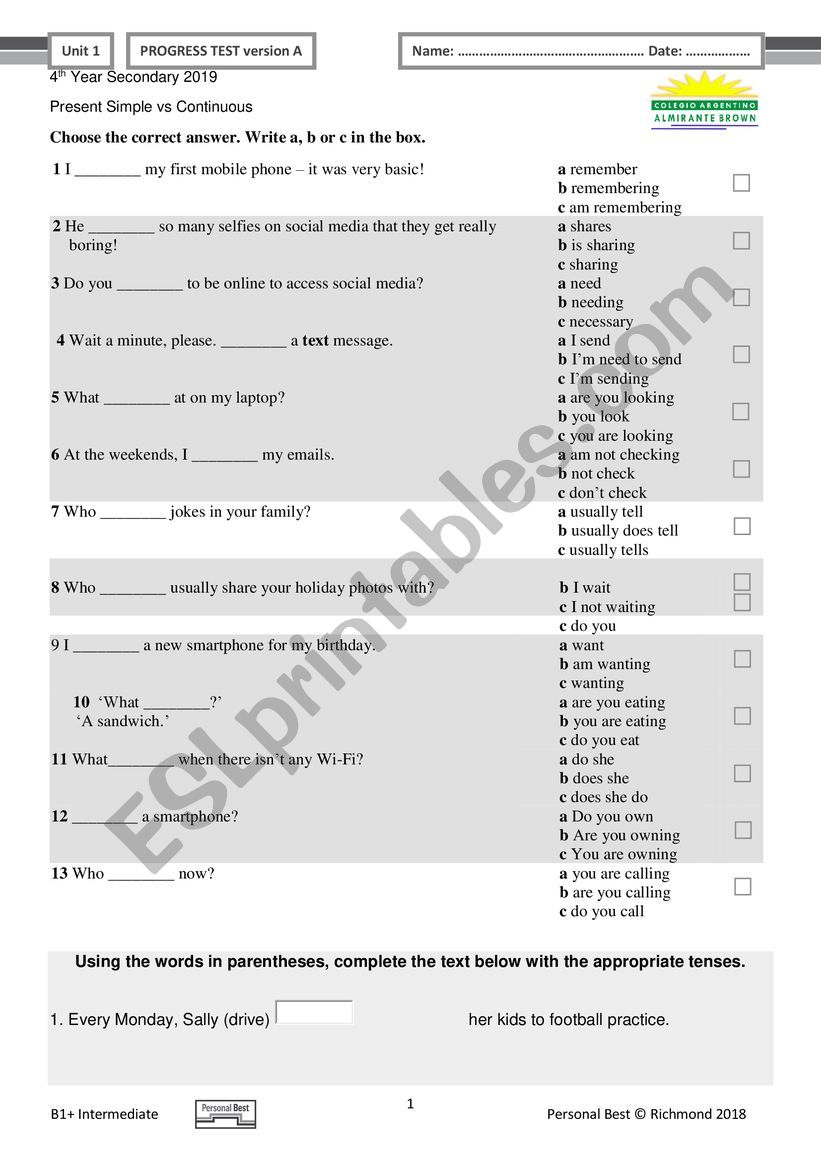 Present Simple and Present continuous test