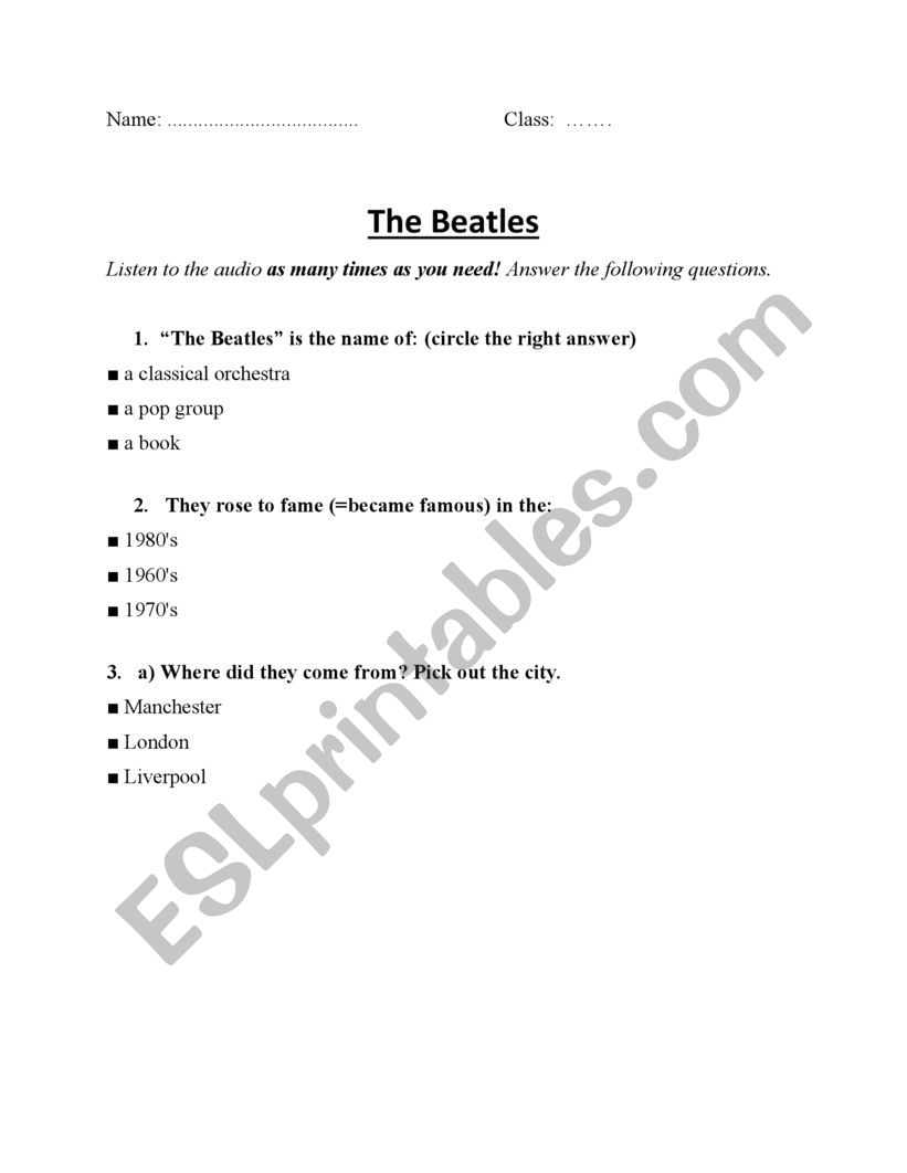 Quizz about the beatles worksheet