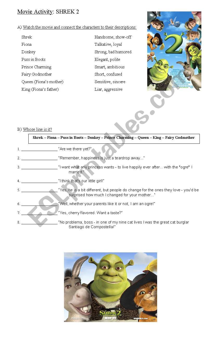 Movie Activity: Shrek 2 worksheet