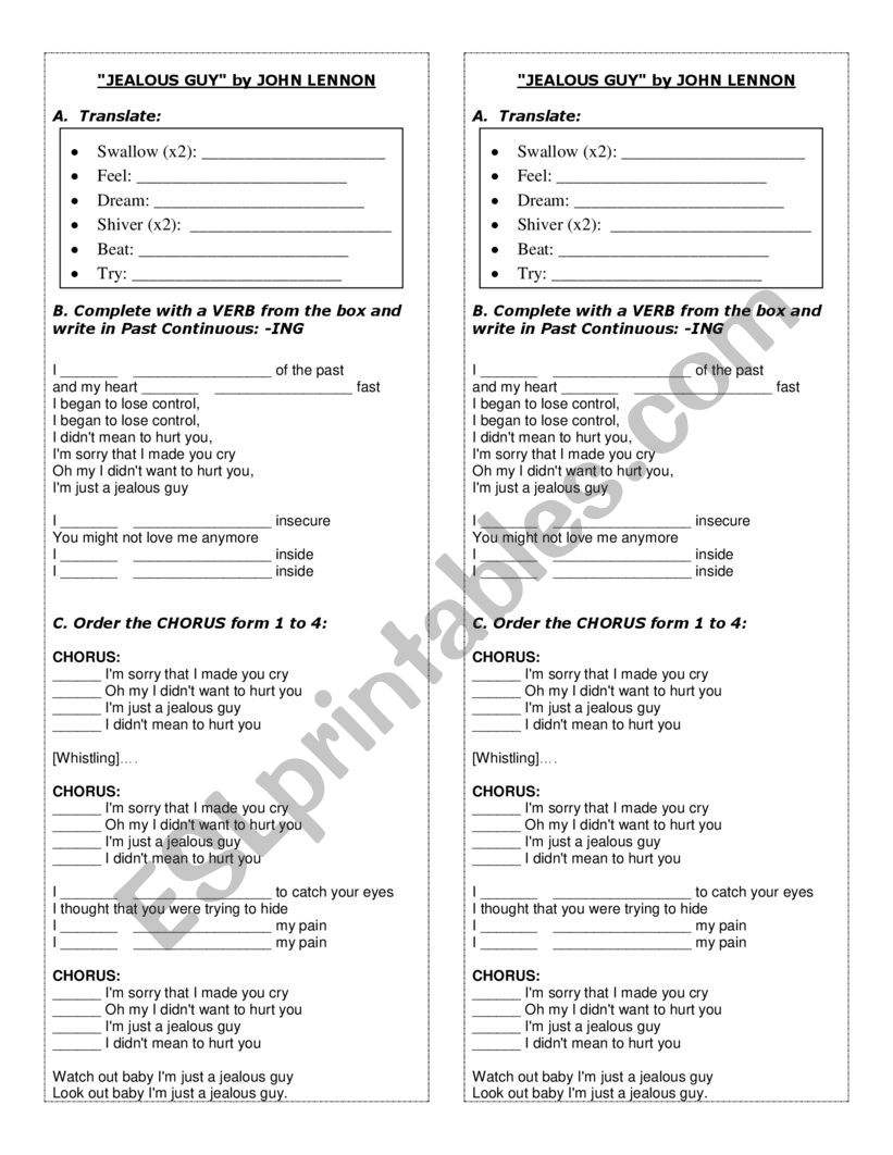 PAST CONTINUOS SONG worksheet