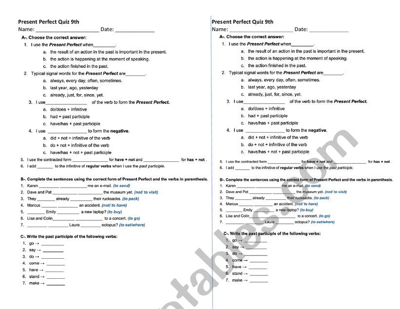 Present perfect worksheet